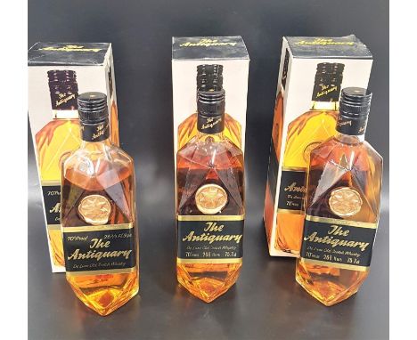 THREE BOTTLES OF THE ANTIQUARY, DE LUXE OLD SCOTCH WHISKY blended and bottled in Scotland by J &amp; W Hardie Limited. 70° pr