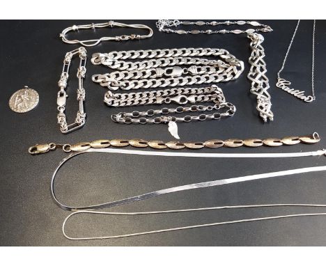 SELECTION OF SILVER JEWELLERYincluding a bangle with ball finials, a heavy curb link necklace (approximately 64 grams), a cur