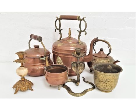 SELECTION OF BRASS AND COPPER WAREincluding a pair of cobra candlesticks, rectangular trough, three kettles of varying size, 