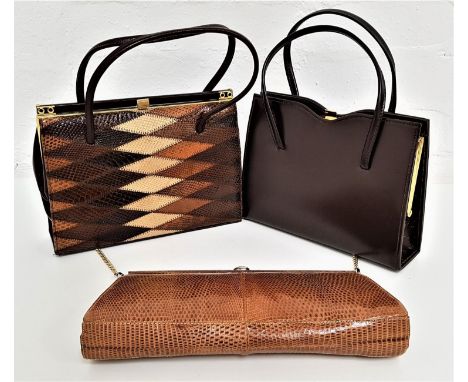 THREE VINTAGE HANDBAGScomprising a snakeskin example with patchwork decoration, maker Golden arrow; a simulated snakeskin exa