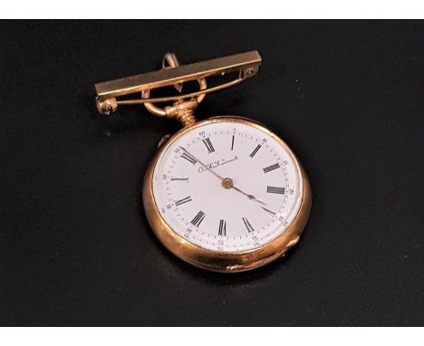 FRENCH 'A. H. RODANET' GOLD CASED FOB WATCHthe white enamel dial with Roman numerals for the hours and outer Arabic numerals 