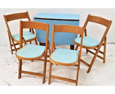 RETRO MELAMINE GATE LEG KITCHEN TABLEin blue with drop flaps, together with four folding beech chairs with shaped blue padded