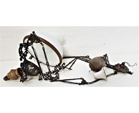 EDWARDIAN PENDANT LIGHTwith three ornate suspension chains, reservoir light fixing and opaque glass shade 