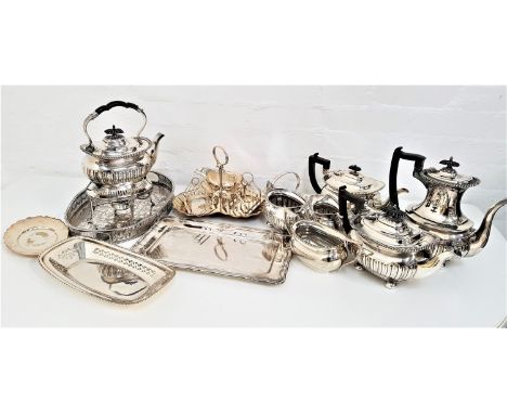 LARGE SELECTION OF SILVER PLATEincluding a Walker & Hall tea and coffee set comprising a spirit kettle on stand, coffee pot, 