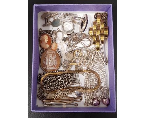 SELECTION OF SILVER JEWELLERYincluding a pair of cufflinks; two silver mounted cameo pendants; two tie slides, one with golf 