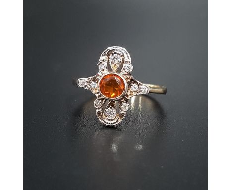 UNUSUAL FIRE OPAL AND DIAMOND ART DECO STYLE PLAQUE RINGthe round cut Mexican fire opal approximately 0.45cts, in diamond set