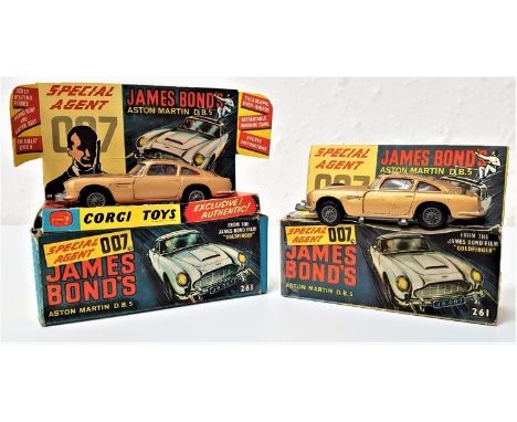 TWO VINTAGE CORGI 261 JAMES BOND ASTON MARTIN DB5sboth with gold paintwork and boxed, one with the Top Secret Documents (2) 