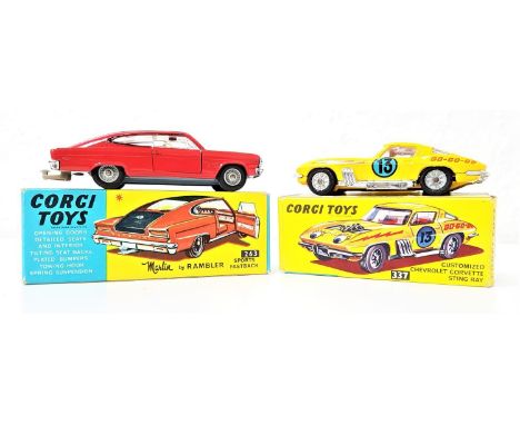 VINTAGE CORGI 337 CUSTOMIZED CHEVROLET CORVETTE STINGRAYin yellow with a red interior, boxed, together with a Corgi 263 Marli