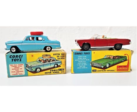 VINTAGE CORGI 236 MOTOR SCHOOL CARthe Austin A60 De Luxe Saloon in pale blue, boxed, together with a Corgi 246 Chrysler Imper