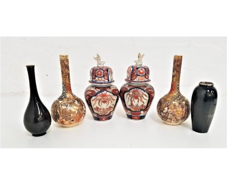PAIR OF SATSUMA BOTTLE VASESdecorated with traditional figures, 18.5cm high, pair of Imari lidded ginger jars with mythical b
