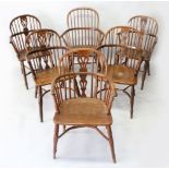 A HARLEQUIN SET OF SIX YEW, ASH AND ELM WINDSOR ARMCHAIRS.