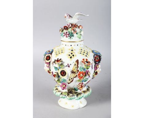 AN 18TH CENTURY DERBY VASE AND COVER encrusted and painted with flowers and butterflies, patch marks, minor chipping only.