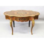 A GOOD 19TH CENTURY FRENCH WALNUT, KINGWOOD, ORMOLU AND MARQUETRY INLAID TABLE, the shaped top