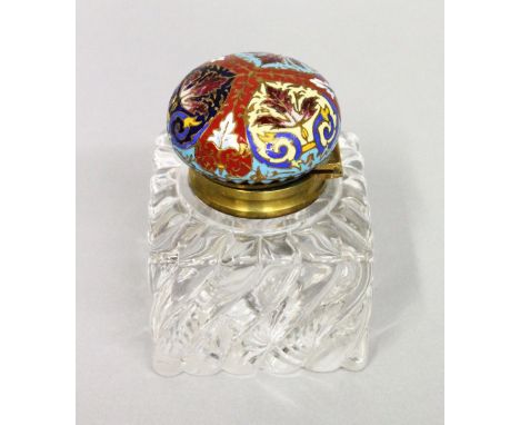 A HEAVY SQUARE INKWELL with champleve enamel top.