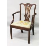 A 19TH CENTURY CHIPPENDALE STYLE MAHOGANY ARMCHAIR, with pierced vase splat, curving arms, drop-in