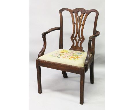 A 19TH CENTURY CHIPPENDALE STYLE MAHOGANY ARMCHAIR, with pierced vase splat, curving arms, drop-in seat, supported on square 