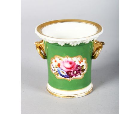 A 19TH CENTURY COALPORT PORCELAIN SPILL VASE with bird beak ring handles painted with flowers on a green ground, encrusted wi