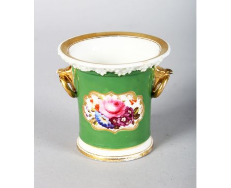 A 19TH CENTURY COALPORT PORCELAIN SPILL VASE with bird beak ring handles painted with flowers on a green ground, encrusted wi