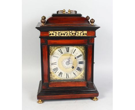 AN 18TH CENTURY MAHOGANY CASED BRACKET CLOCK by W. SACXE, LONDON, with silvered dial striking on two bells, the case with bra