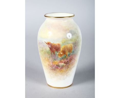 A ROYAL WORCESTER VASE, shape G461 painted with Highland Cattle by HARRY STINTON, signed date code for 1962.