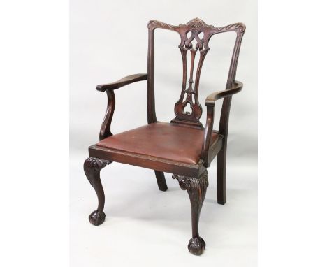 A 19TH CENTURY CHIPPENDALE STYLE MAHOGANY ARMCHAIR, with pierced vase splat, curving arms, drop-in seat, supported on cabriol