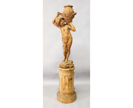 A CARVED PINE FIGURAL LAMP, modelled as a young boy holding an urn on his shoulder, on a classical column. 4ft 7ins high.