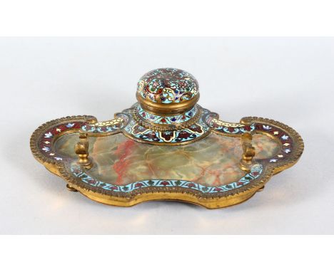 A 19TH CENTURY FRENCH BRONZE AND CHAMPLEVE ENAMEL DESK INKWELL.
