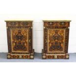 A VERY GOOD PAIR OF 18TH CENTURY, POSSIBLY ITALIAN, MARQUETRY CUPBOARD, with Sunna marble tops,