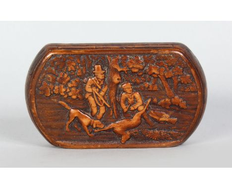 A BURR WOOD SNUFF BOX, carved with a hunting scene. 4.5ins long.
