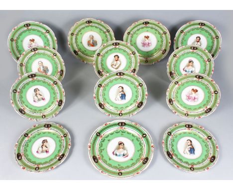 A FRENCH NAPOLEON PORCELAIN SET OF THIRTEEN PORTRAIT PLATES. 5 x 9ins diameter and 8 x 8ins diameter (13).