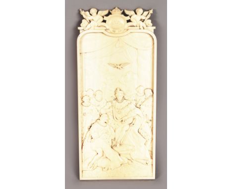 A SUPERB 19TH CENTURY EUROPEAN CARVED IVORY PLAQUE "KING AND COUNTESS". 10ins long. Provenance: Wm. OPPENHEIM.