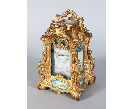 A FRENCH ORMOLU REPEATER CARRIAGE CLOCK with painted dial and panels. 9ins high.