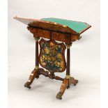 A HIGHLY UNUSUAL 19TH CENTURY ROSEWOOD AND MARQUETRY COMBINATION CARD TABLE AND SCREEN, the