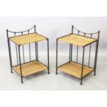 A PAIR OF 20TH CENTURY WROUGHT IRON AND WICKERWORK FOLDING TWO-TIER TABLES. 1ft 6ins wide x 2ft 2ins