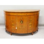 A SUPERB LARGE GEROGE III SHERATON DESIGN SATINWOOD INLAID COMMODE, one drawer above three doors,