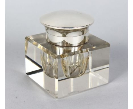 A SQUARE GLASS INKWELL with silver band and top. Birmingham 1921.