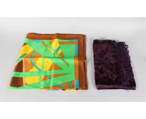 A COLOURFUL SILK SCARF and a MAUVE VELVET SCARF.