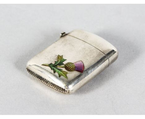 A VICTORIAN SILVER VESTA with an enamel thistle. Birmingham 1894.