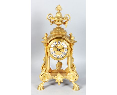 A 19TH CENTURY FRENCH ORMOLU MANTLE CLOCK, with eight-day movement signed H. & F., Paris, striking on a bell, enamel numerals