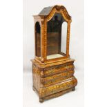 A GOOD 19TH CENTURY DUTCH MARQUETRY VITRINE, the top with shaped cornice, glass door and glass