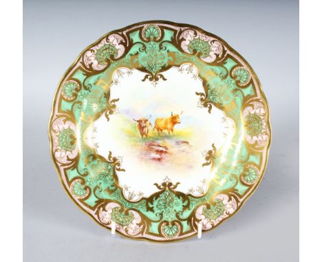 A ROYAL WORCESTER PLATE painted cattle under a heavily gilt and lime green border by A. TOWNSEND, signed black mark.