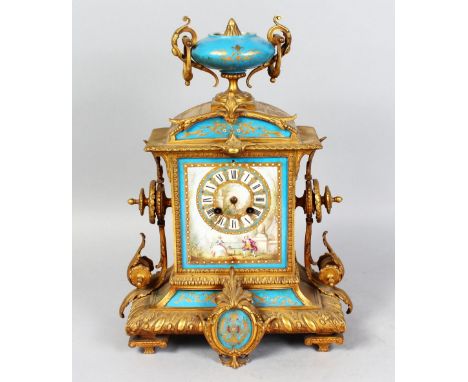 A 19TH CENTURY FRENCH ORMOLU AND SEVRES PORCELAIN MANTLE CLOCK, with painted dial, eight-day movement, striking on a single b