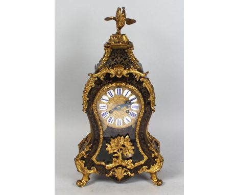 A GOOD FRENCH BOULLE MANTLE CLOCK, signed L.R. BREVETE, No. 937, with blue and white Roman numerals, ormolu mounts and cocker