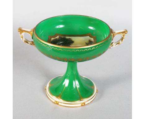 A ROYAL WORCESTER TWO-HANDLED PEDESTAL COMPORT, the centre painted with cattle beside a river by H. Stinton. 4ins high.