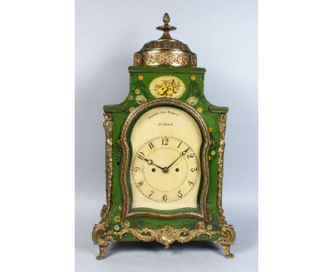 AN 18TH CENTURY GREEN LACQUER BRACKET CLOCK AND BRACKET by MAXIMILIAN BORRELL, LONDON. made for THE OTTOMAN MARKET, CIRCA. 17