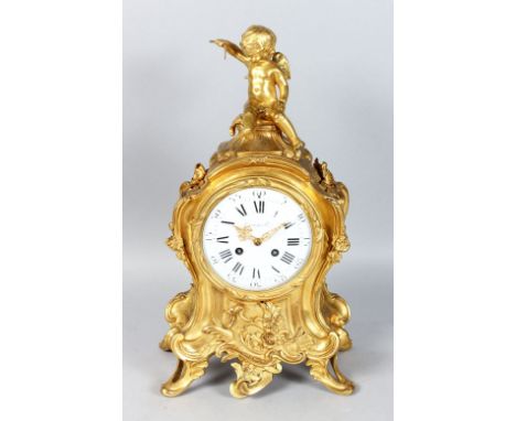 A 19TH CENTURY FRENCH ORMOLU MANTLE CLOCK, with eight-day movement, the white enamel dial signed Raingo Fres., black Roman nu
