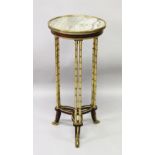A GOOD LATE 19TH CENTURY FRENCH MAHOGANY, ORMOLU AND MARBLE GUERIDON, the circular top supported