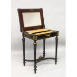 A 19TH CENTURY FRENCH EBONISED, ORMOLU AND MARQUETRY DRESSING TABLE, the rising top with mirror