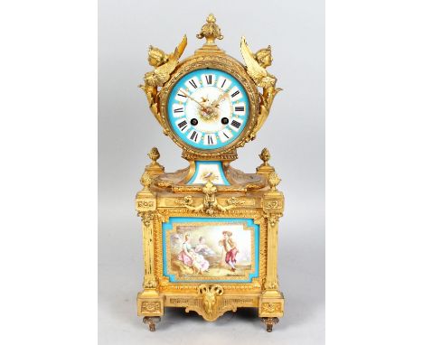 A VERY GOOD 19TH CENTURY FRENCH ORMOLU CLOCK, with SEVRES PORCELAIN DIAL AND PLAQUES, eight-day movement, striking on a singl