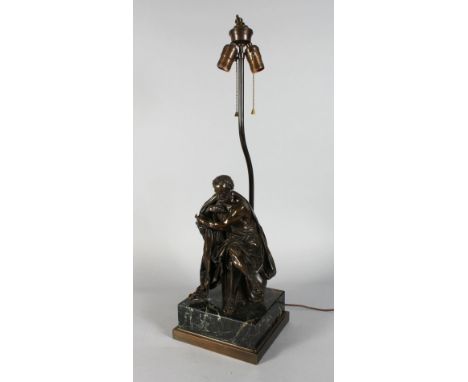 A VERY GOOD BRONZE CLASSICAL SEATED FIGURE OF A MAN converted to a lamp, on a square marble base. 15ins high excluding lamp.